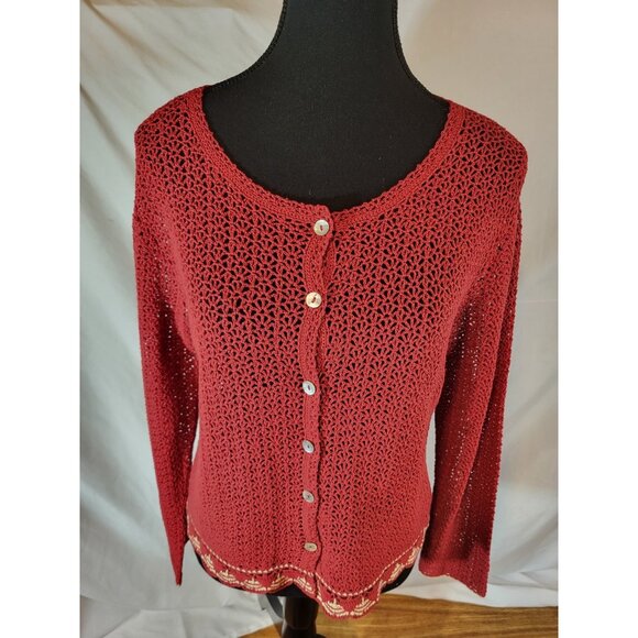 April Cornell Crochet Knit Cardigan Sweater Sz S  Knit Crimson Scallop - Picture 1 of 6